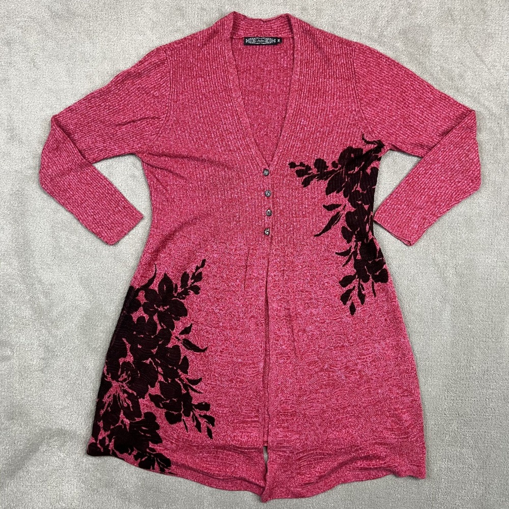 ZoZo Boho Floral Burnout Cardigan M Pink Linen Silk Longline Ribbed Sweater